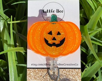 Glitter Jack O Lantern Badge Reel, Halloween, Spooky, Pediatric