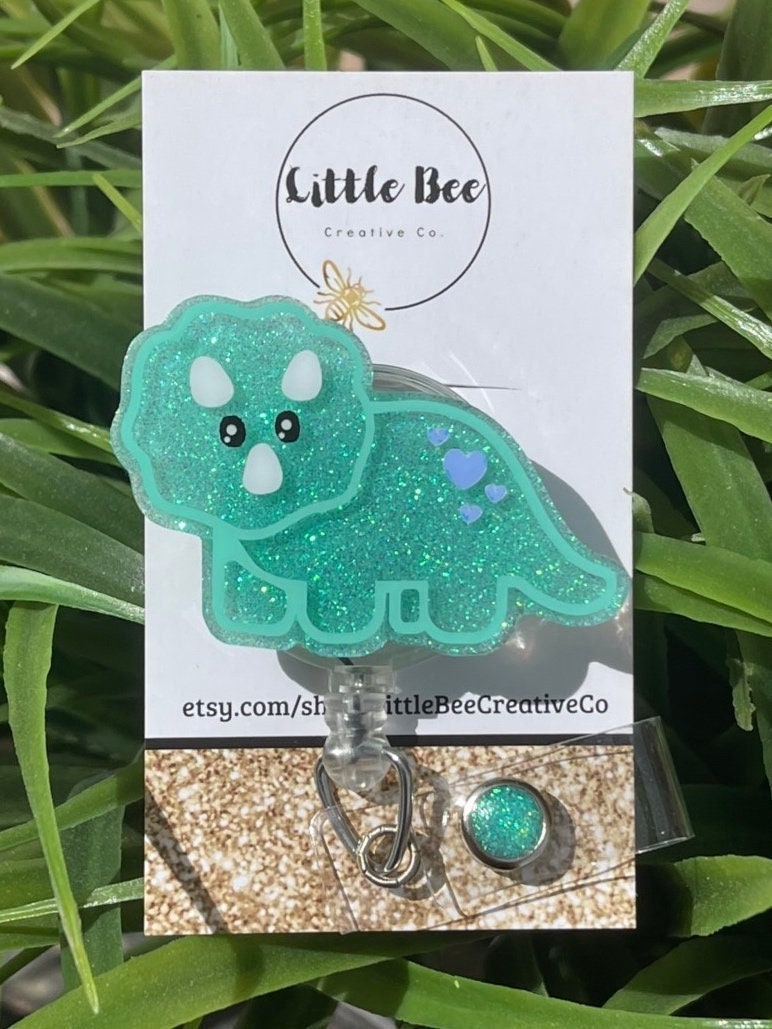 Baby Triceratops Badge Reel, Dinosaur Badge Reel, Glitter Badge Reel, Pediatric Badge Reel