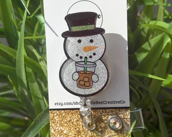 Iced Coffee Snowman Glitter Badge Reel, Pediatric Nurse Gift