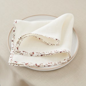 White Hemp Napkins Set - Organic, Natural Color with Floral Trim for Natural, Rustic Table Decor