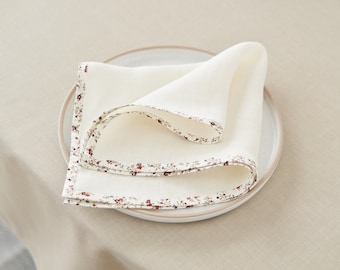 White Hemp Napkins Set - Organic, Natural Color with Floral Trim for Natural, Rustic Table Decor