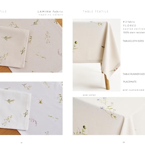 May include: Table textiles with floral patterns. The image shows a tablecloth and napkins with a delicate botanical design in shades of green and purple on a cream background. The text reads "#2 fabric FLORES EASTER EDITION".
