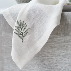 Linen napkins, Linen table napkins, Set of 2 4 6 8, Hemp napkins, Linen Napkins in white color with embroidered twig image 2