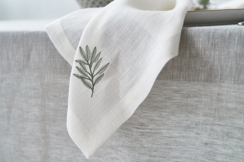 Linen napkins, Linen table napkins, Set of 2 4 6 8, Hemp napkins, Linen Napkins in white color with embroidered twig image 2