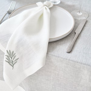 Linen napkins, Linen table napkins, Set of 2 4 6 8, Hemp napkins, Linen Napkins in white color with embroidered twig image 1