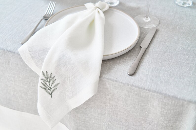 Linen napkins, Linen table napkins, Set of 2 4 6 8, Hemp napkins, Linen Napkins in white color with embroidered twig image 1