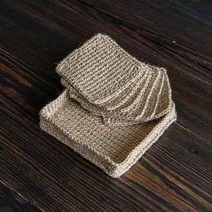 Handmade Jute Coaster Set with Napkin Holder - Rustic Square Knitted Coasters - Eco-Friendly Natural Fiber Coasters - Set of 6 with Holder