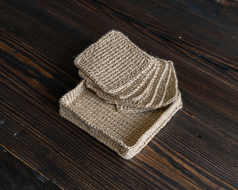 Jute coasters, handmade coasters, square jute coasters, knitted coaster image 1