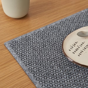 Könnte beinhalten: Ein grauer Platzdeckchen mit einem geometrischen Dreieckmuster. Eine weiße Keramiktasse und Untertasse mit braunem Rand und ein kleiner Löffel liegen auf dem Platzdeckchen. Die Untertasse hat Text.