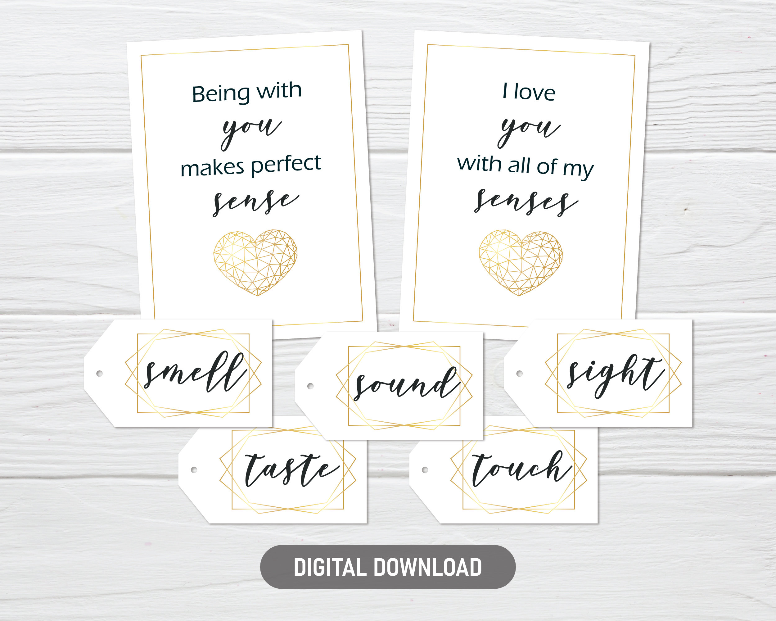 5 Senses Gift Tags & Anniversary Card. Instant Download Printable