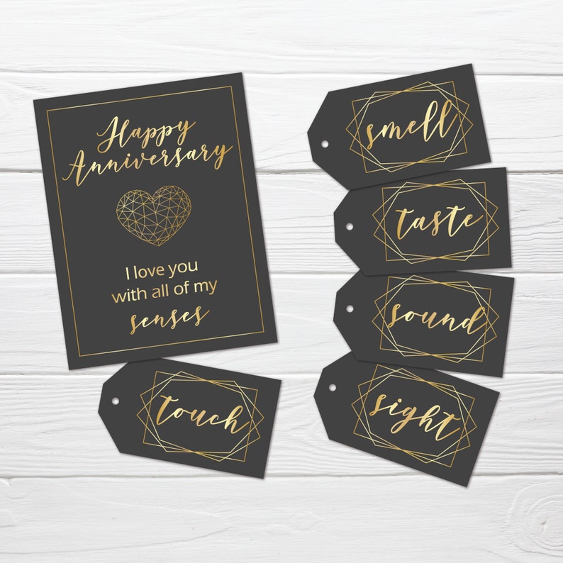 5 senses anniversary gift tags card ideas printable black etsy