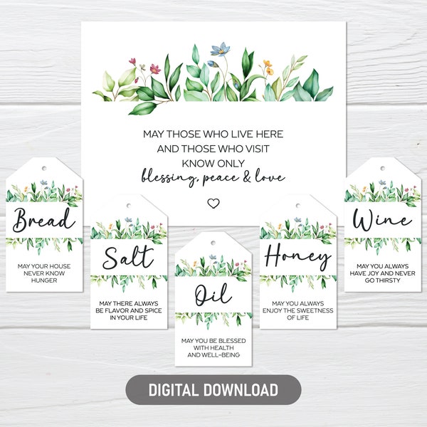 Housewarming Gift Tags, Printable Cards For New Home Blessing, Bread Salt Wine Stickers - Instant Digital Download