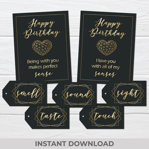 5 Senses-cadeaukaartjes voor verjaardag – Afdrukbare zwarte en gouden cadeaulabels en -kaarten – direct digitaal downloaden