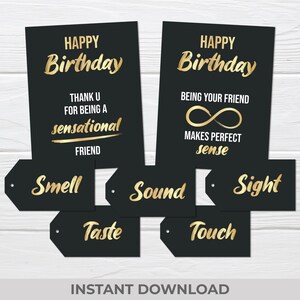 5 Senses Friend Geschenkanhänger - Geburtstagskarten für Bestie zum Ausdrucken - schwarze und goldene Geschenkanhänger - sofortiger digitaler Download