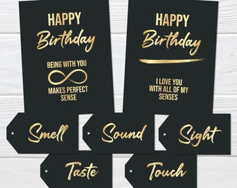 Etiquetas de regalo de los 5 sentidos / Tarjetas de cumpleaños imprimibles en negro y dorado para él