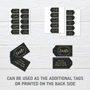5 Senses Birthday Gift Tags - Printable Black and Gold Gift Labels and ...