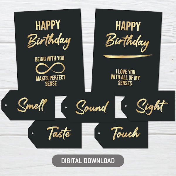 5 Senses Birthday Gift Tags, Printable Black and Gold Gift Labels, Card Set for Him or Her, Downloadable PDF