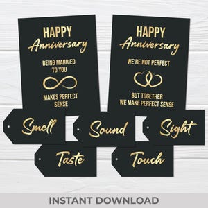 Etichette regalo per anniversario 5 sensi - Etichette regalo stampabili nere e dorate - We Make Perfect Sense Card - Download digitale istantaneo