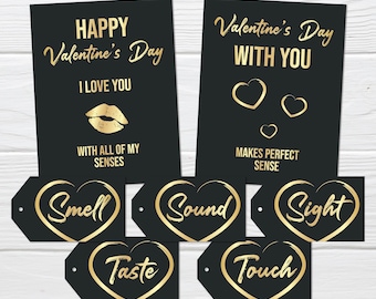 Valentine's Day 5 Senses Gift Tags: Printable Black Gold Card Set