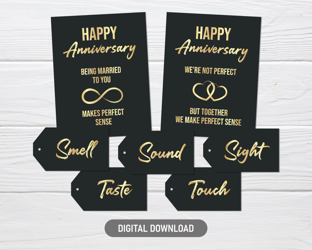 5 Senses Wedding Anniversary Gift Tags, Printable Black and Gold Gift ...