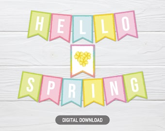 Hello Spring Banner, Printable Mantle Garland, Welcome Spring Bunting, Seasonal Home Decoration, Downloadable PDF