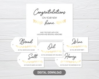 Housewarming Gift Tags, Printable Cards For New Home Blessing, Bread Salt Wine Stickers - Instant Digital Download