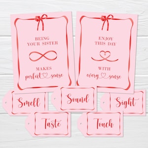 May include: A collection of pink cards with red ribbon detailing. The cards feature text: "Being Your Sister Makes Perfect Sense" and "Enjoy This Day With Every Sense." Smaller tags read "Smell," "Sound," "Sight," "Taste," and "Touch."
