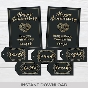 Etiquetas de regalo de aniversario 5 Senses: set de etiquetas y tarjetas imprimibles en negro y dorado para él o ella, descarga digital instantánea.