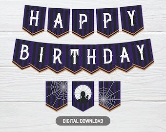 Banner de cumpleaños del miércoles, decoración de fiesta imprimible, empavesado de feliz cumpleaños gótico púrpura, PDF descargable