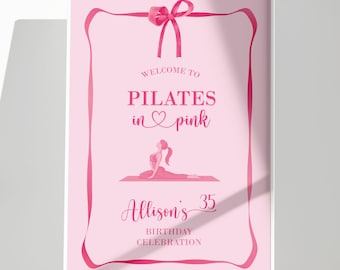 Letrero de bienvenida de cumpleaños de Pilates, decoración imprimible para fiestas con lazo rosa coqueto, celebración de fitness