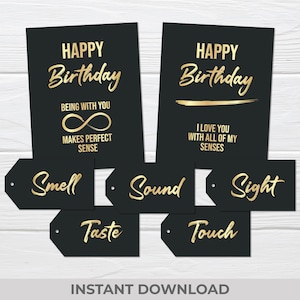 5 Senses Geschenkanhänger – Schwarz und Gold Geschenkanhänger zum Ausdrucken – Kartenset für Sie und Ihn – sofortiger digitaler Download