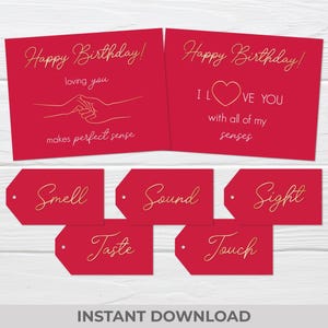 Etiquetas de regalo de cumpleaños "5 Sentidos" - Etiquetas imprimibles en rojo y dorado - Tarjeta "Amarte tiene sentido" - Descarga digital instantánea