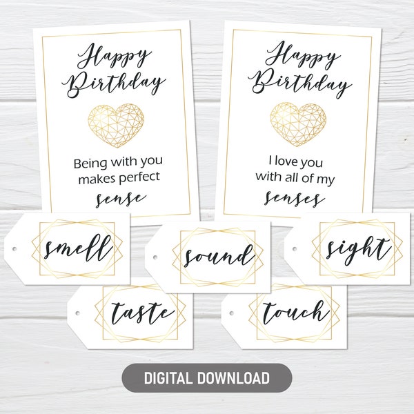 5 Senses Birthday Gift Tags, Printable Gift Label and Card Set for Him or Her, Downloadable PDF
