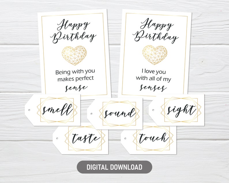 5 Senses Birthday Gift Tags, Printable Gift Label and Card Set for Him ...
