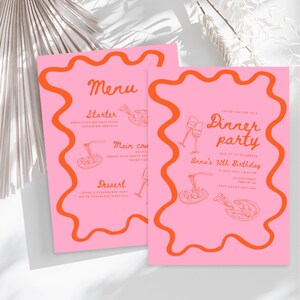 Bearbeitbar Rosa und Orange Dinner Party Einladung & Menü | Sommerspritz | Canva Vorlage | Abschluss | Geburtstag | Druckbare Download