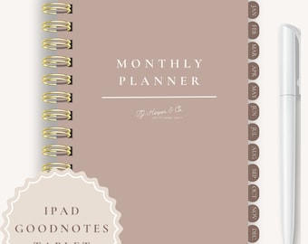 May include: A digital monthly planner with a brown cover and gold spiral binding. The cover has the text "MONTHLY PLANNER" and "TJ. Harper & Co." The planner is compatible with the iPad GoodNotes tablet.