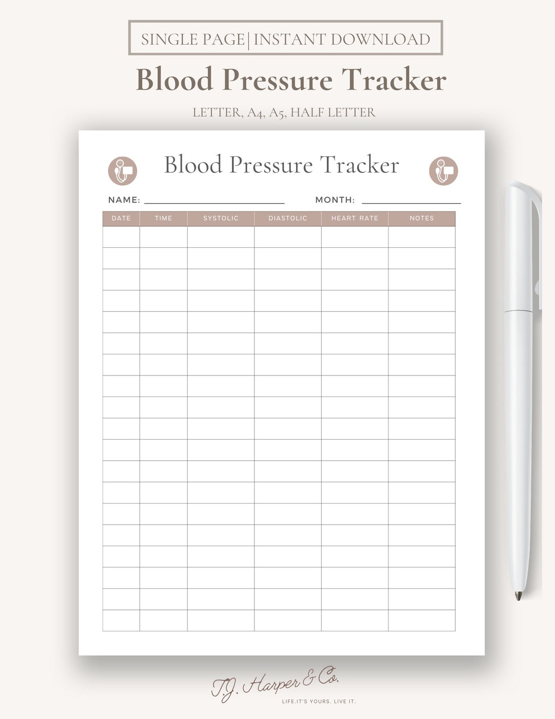 Printable Blood Pressure Tracker, Health Tracker, Productivity Planner ...