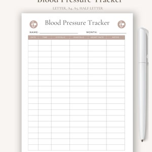 May include: A printable blood pressure tracker with the text "Blood Pressure Tracker" and fields for date, time, systolic, diastolic, heart rate, and notes. A white pen rests on the right side of the page. The document is labeled "Single Page Instant Download."