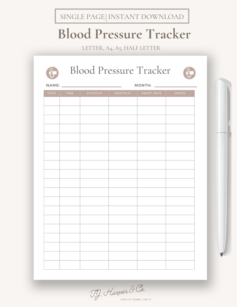 Printable Blood Pressure Tracker, Health Tracker, Productivity Planner ...