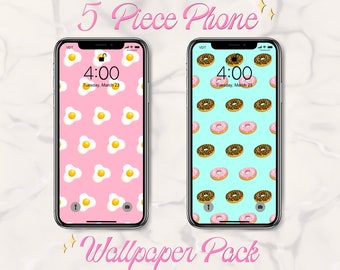 Cute Food Pack - 5 Food-Themed Phone Wallpapers- Digital Download - Eggs, Donuts, Sushi, Ramen, Pizza