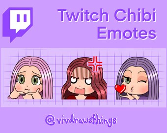 May include: Three cartoon emotes for Twitch, featuring a pink-haired girl with a surprised expression, a red-haired girl with an angry expression, and a purple-haired girl blowing a kiss with a red heart. The emotes are on a purple background with a grid pattern. The text "Twitch Chibi Emotes" is at the top of the image, and the text "@vivdrawthings" is at the bottom.