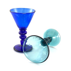 Hand Blown Martini Glass Mixed Color Pair in Lagoon Green/Blue And Cobalt Blue