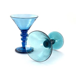 Hand Blown Martini Glass Mixed Color Pair in Aqua Green/Blue And Sky Blue