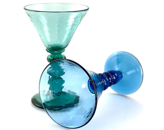 Hand Blown Martini Glass Mixed Color Pair in Lagoon Green/Blue And Sky Blue
