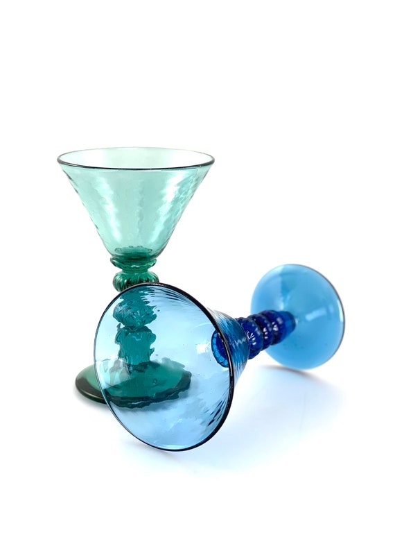 Hand Blown Martini Glass Mixed Color Pair in Lagoon Green/Blue And Sky Blue