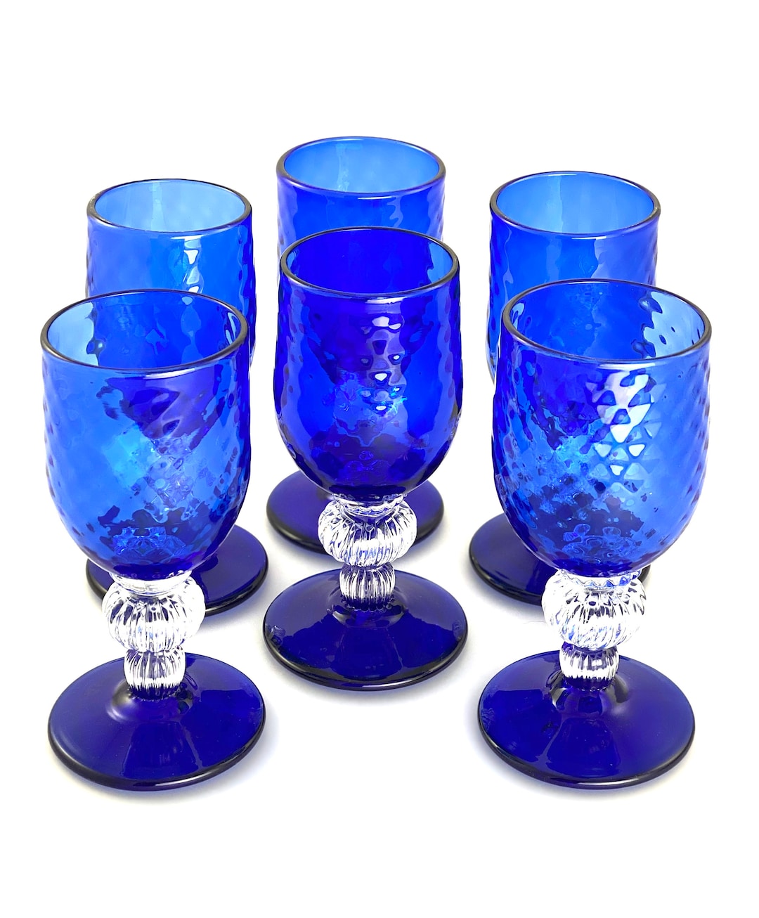 Hand Blown Wine Glass Set of Six in Cobalt Blue With Clear Stem Accent