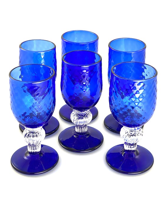 Hand Blown Wine Glass Set of Six in Cobalt Blue with Clear Stem Accent