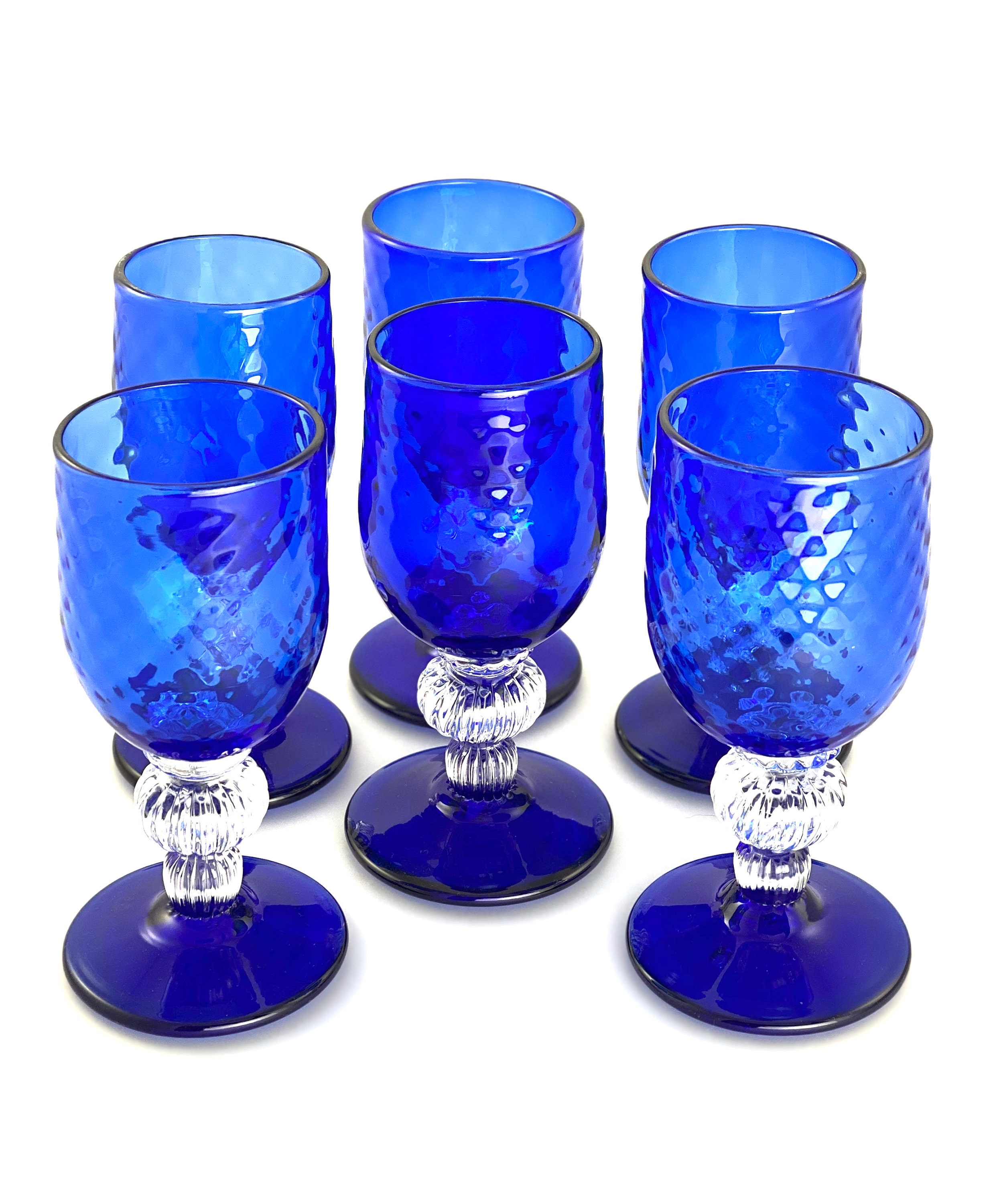 Set of 6 Hand Blown Glass Cups With Blue Lines