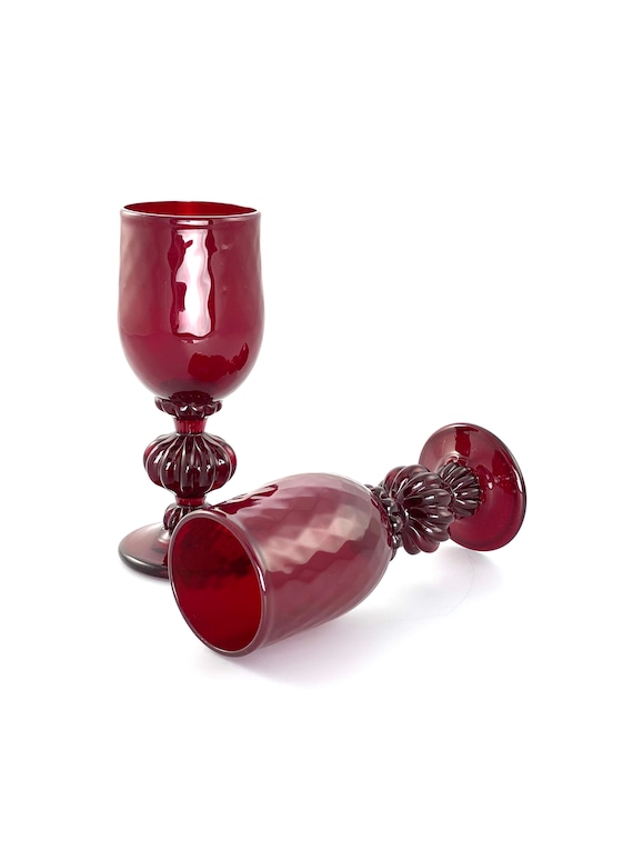 Hand Blown Wine Glass Pair in Deep Red