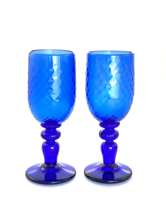 Hand Blown Wine Glass Pair in Cobalt Blue